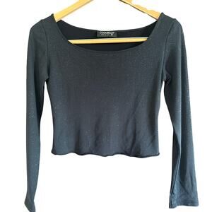 COSABELLA | Black Sparkly Cropped Long Sleeve Top Glitter Baby Tee | Medium